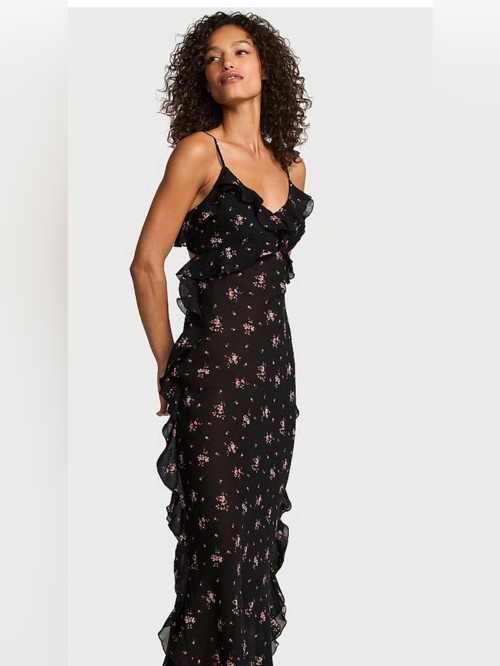 Victoria secret Black Floral Ruffle Slip Dress